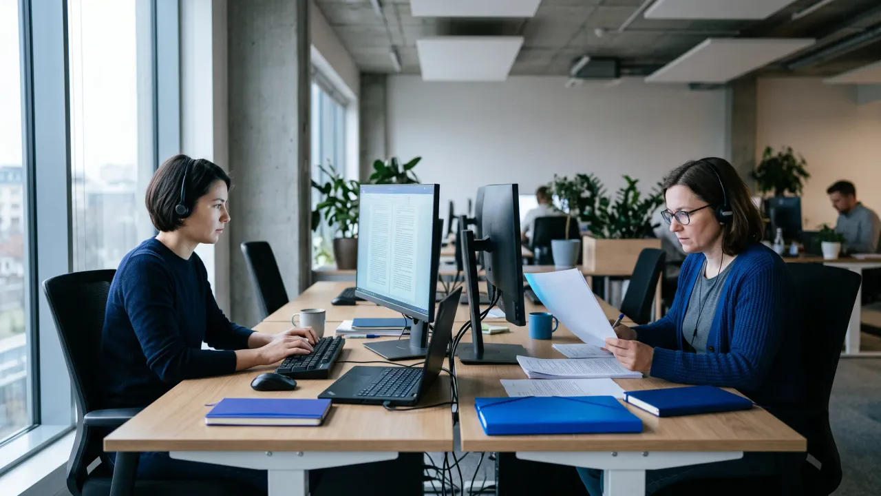 Translator and reviewer working at adjacent desks on the same document