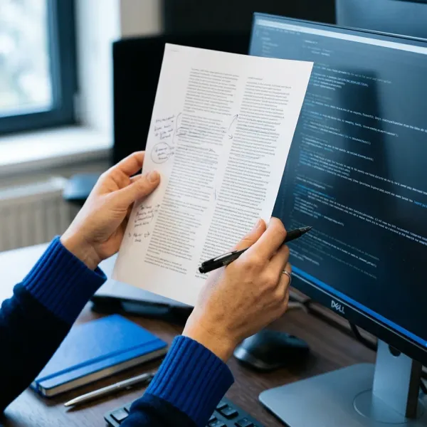 Hands holding a printed page beside a monitor to compare the two versions