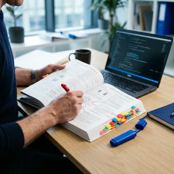Reviewer marking corrections on a technical manual with sticky tabs along the edge