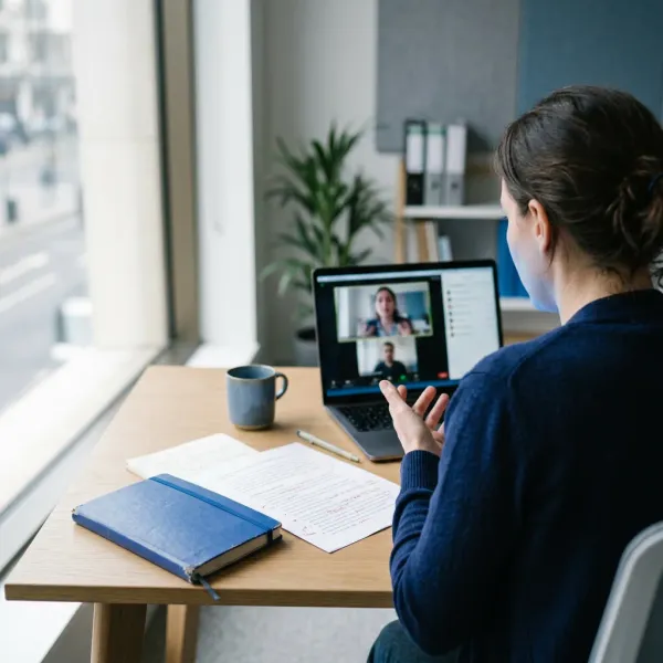 Linguist on a video call with a client, seen over the shoulder