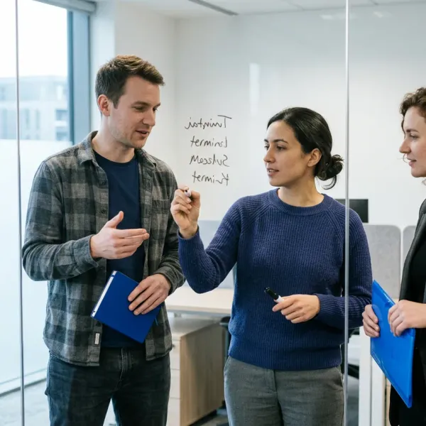 Three colleagues agreeing terminology at a glass whiteboard