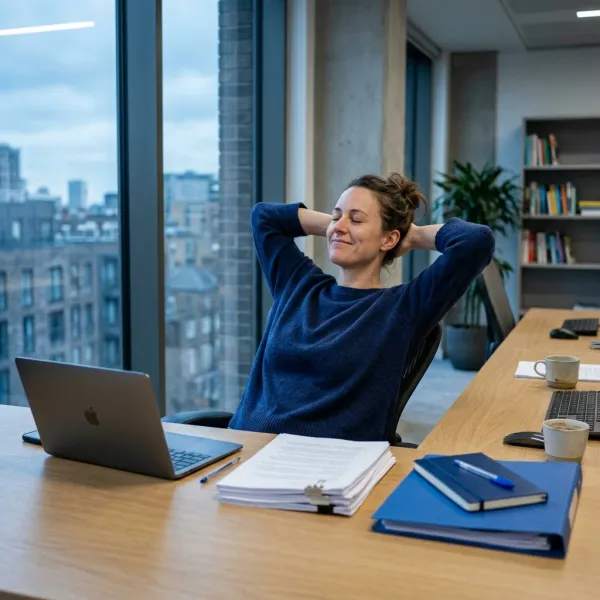 Translator finishing a job, the completed document squared up on the desk