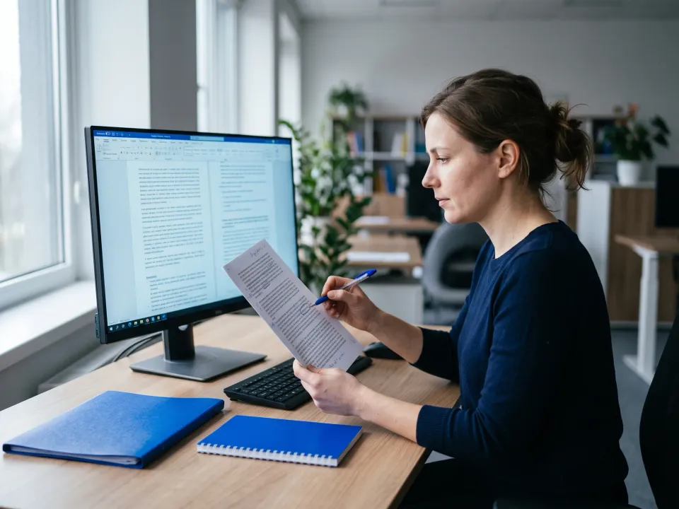 Translator at her desk checking a source text against its translation on screen