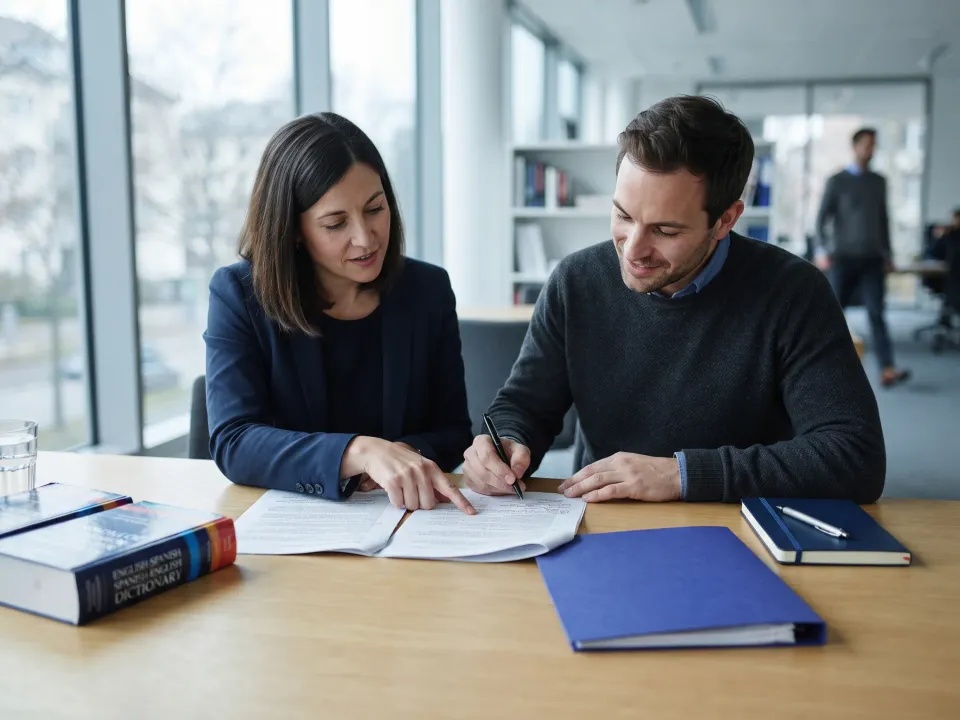 Two colleagues going through a printed agreement together, one pointing at a clause
