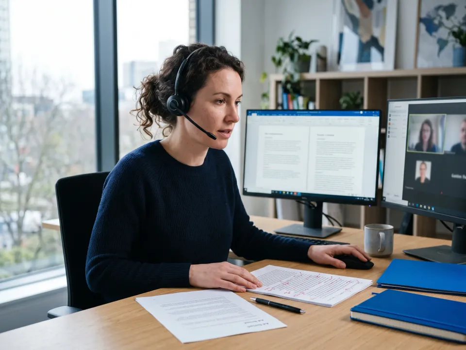Linguist in a headset on a client call with a printed brief in front of her