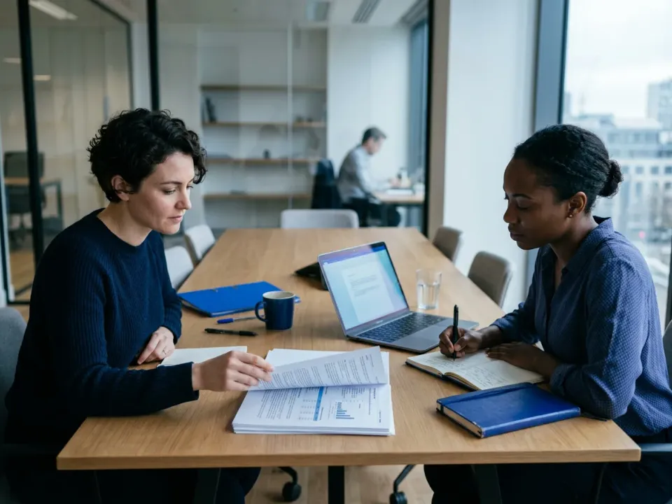 Two colleagues going through a document together at a meeting table